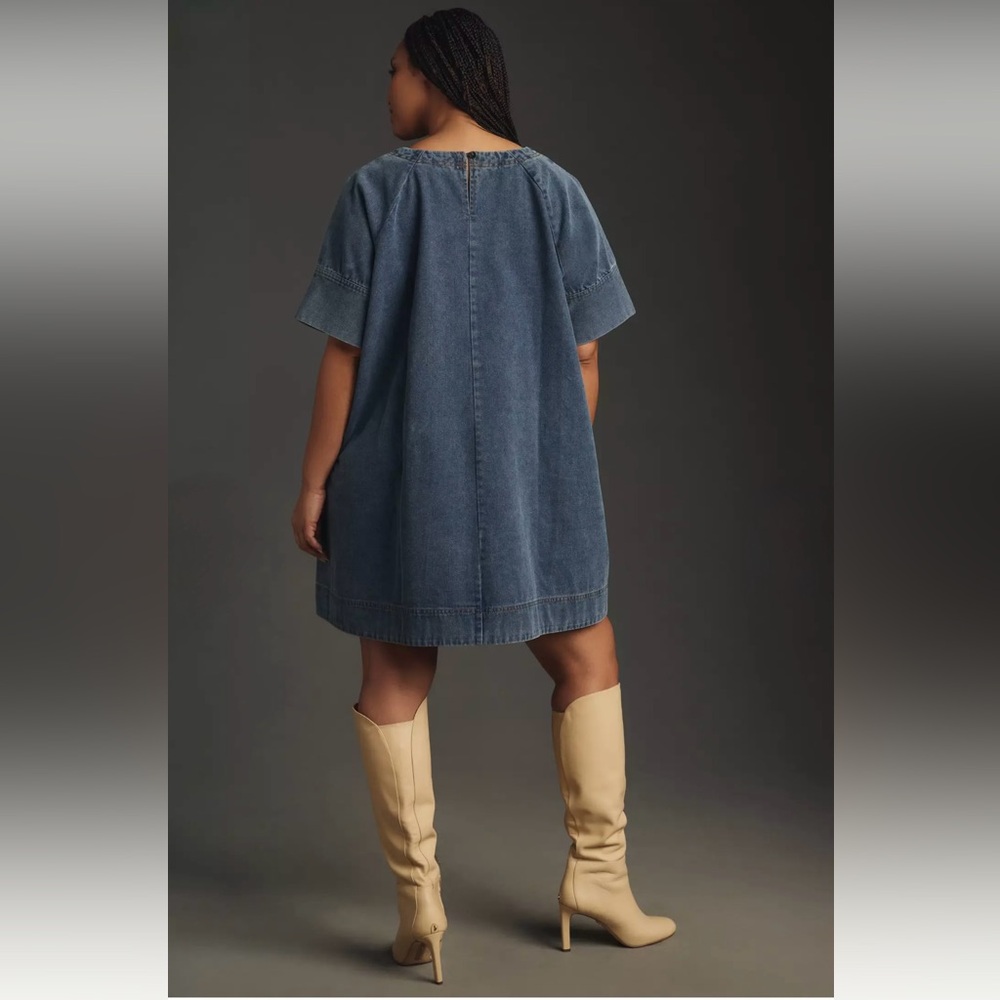 Anthropologie Porridge Short-Sleeve Denim Swing Mini Dress - Picture 6 of 13